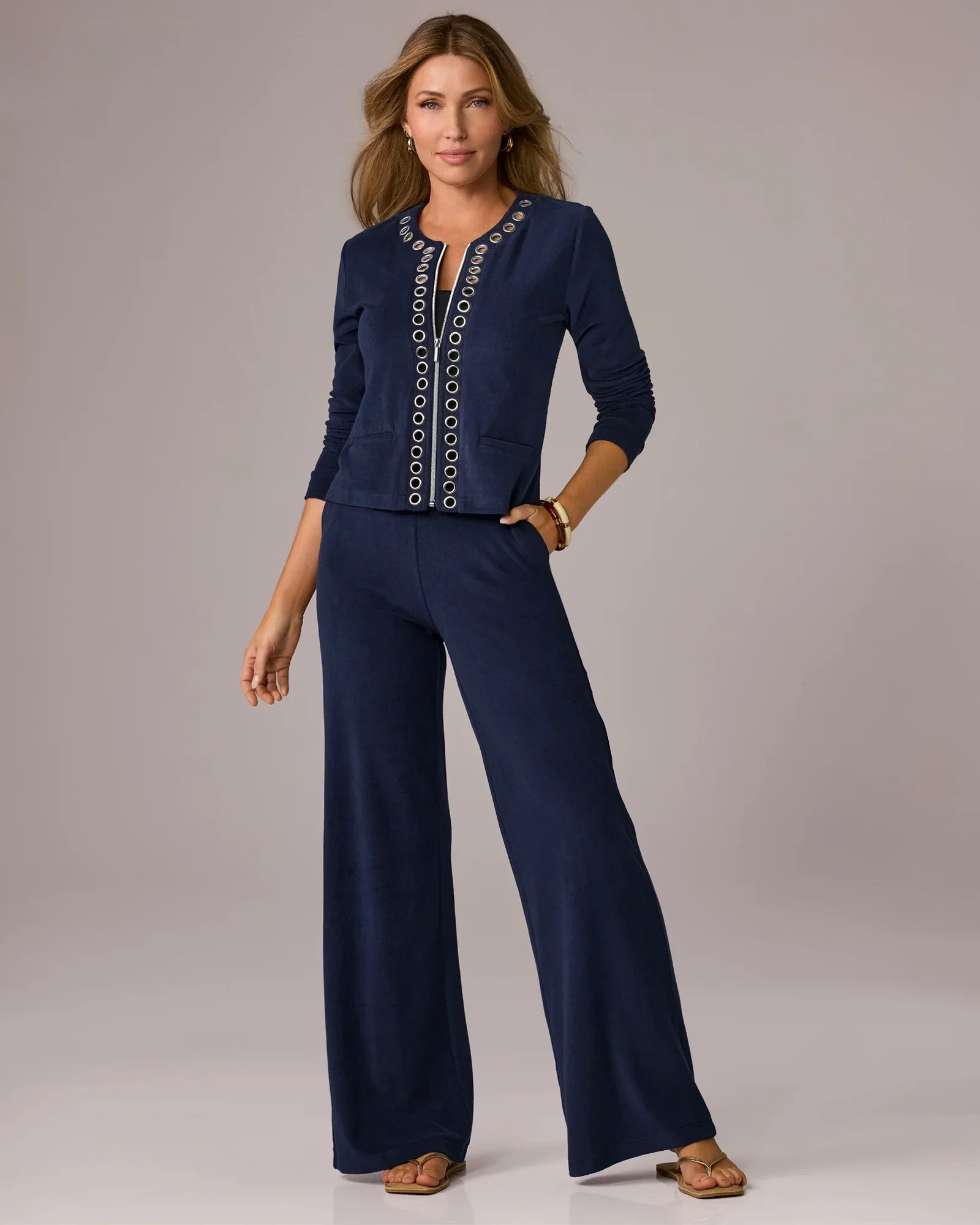 Image of Grommet Detail Beach Terry Cardigan Pant Set Navy