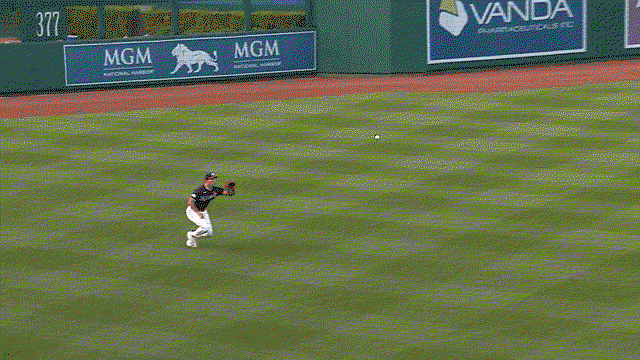An animated gif of Daylen Lile making a sliding catch on a line drive