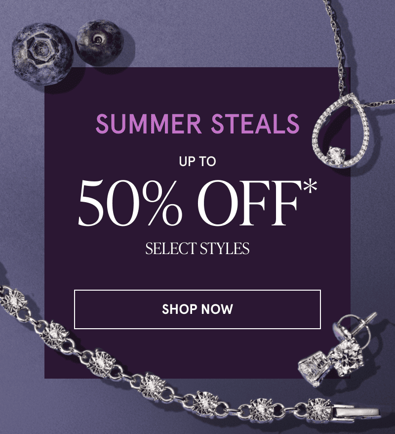 Diamond jewelry next to two blueberries. Summer steals. Up to 50% off select styles. Click here to shop now