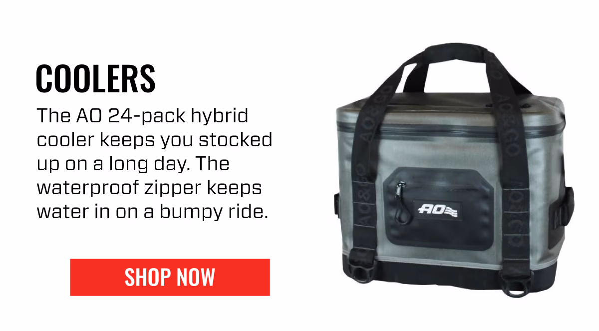 COOLERS | The AO 24-pack hybrid cooler keeps you stocked up on a long day. The waterproof zipper keeps water in on a bumpy ride. | SHOP NOW