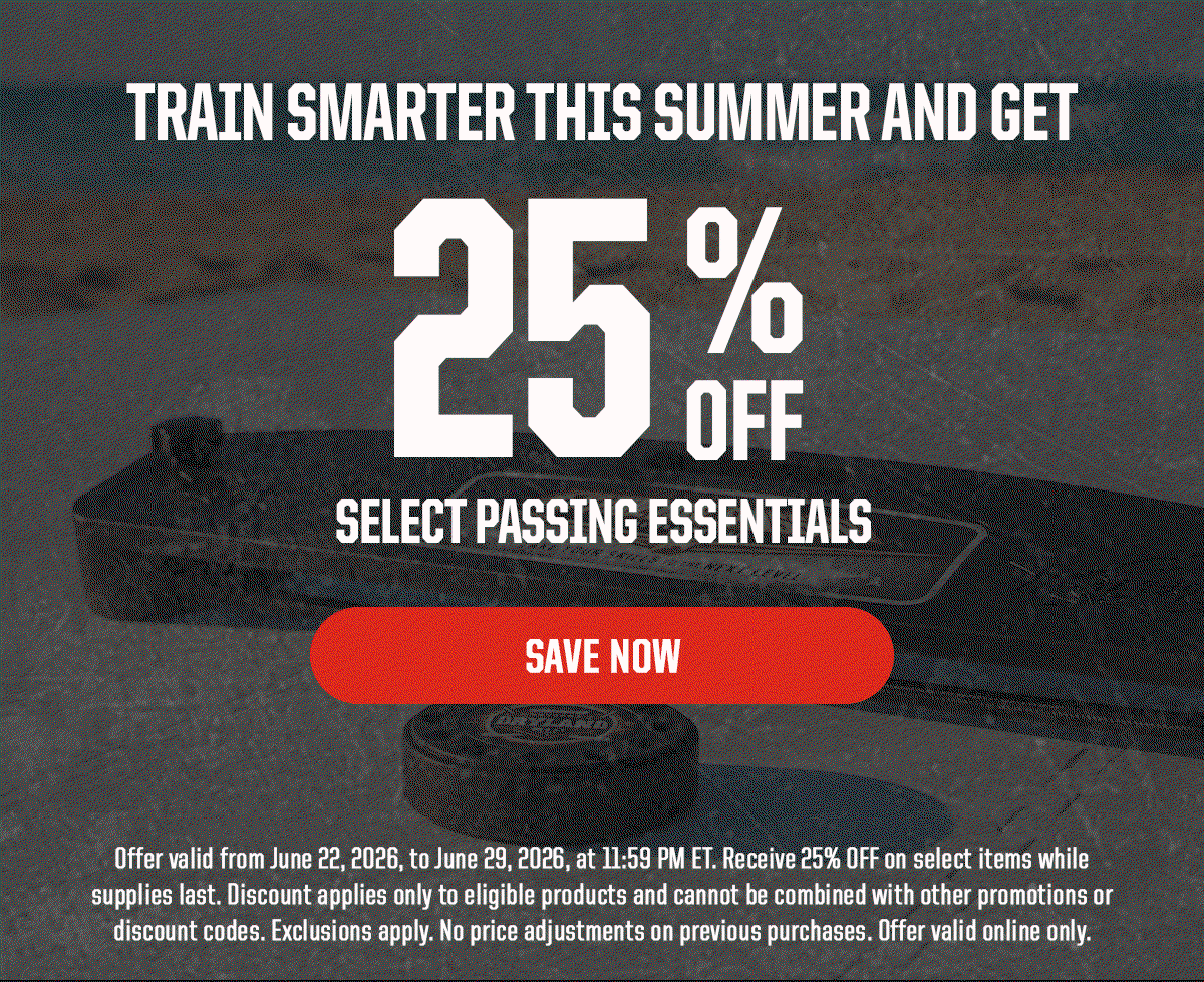 Subheader: Train smarter this summer and save 25% off select passing essentials. CTA: Shop Now. Legal: Offer valid from June 22, 2026, to June 29, 2026, at 11:59 PM ET. Receive 25% OFF on select items while supplies last. Discount applies only to eligible products and cannot be combined with other promotions or discount codes. Exclusions apply. No price adjustments on previous purchases. Offer valid online only.