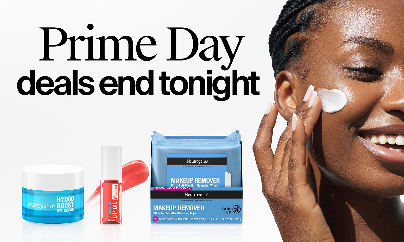 Neutrogena® Hydro Boost products and woman with clear skin applying Neutrogena® Hydro Boost Gel Cream to face