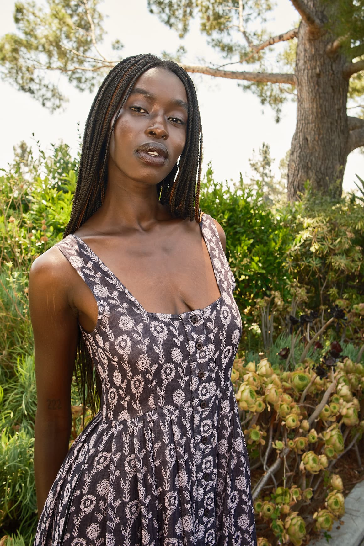model in ginger dress hydrangea