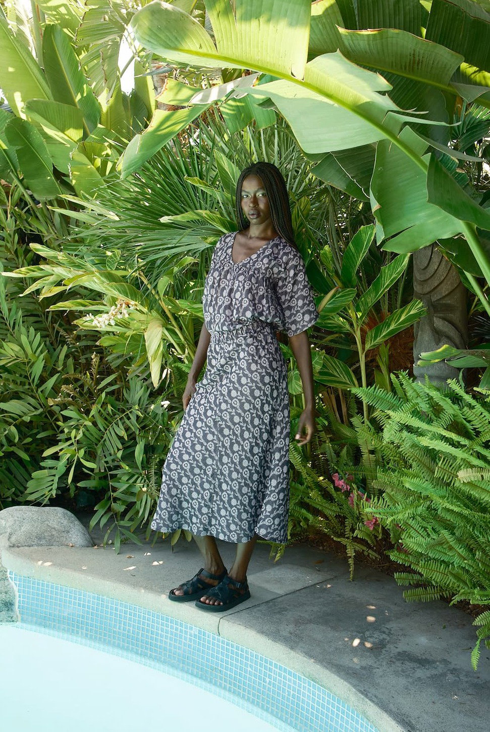 model in hydrangea outfit
