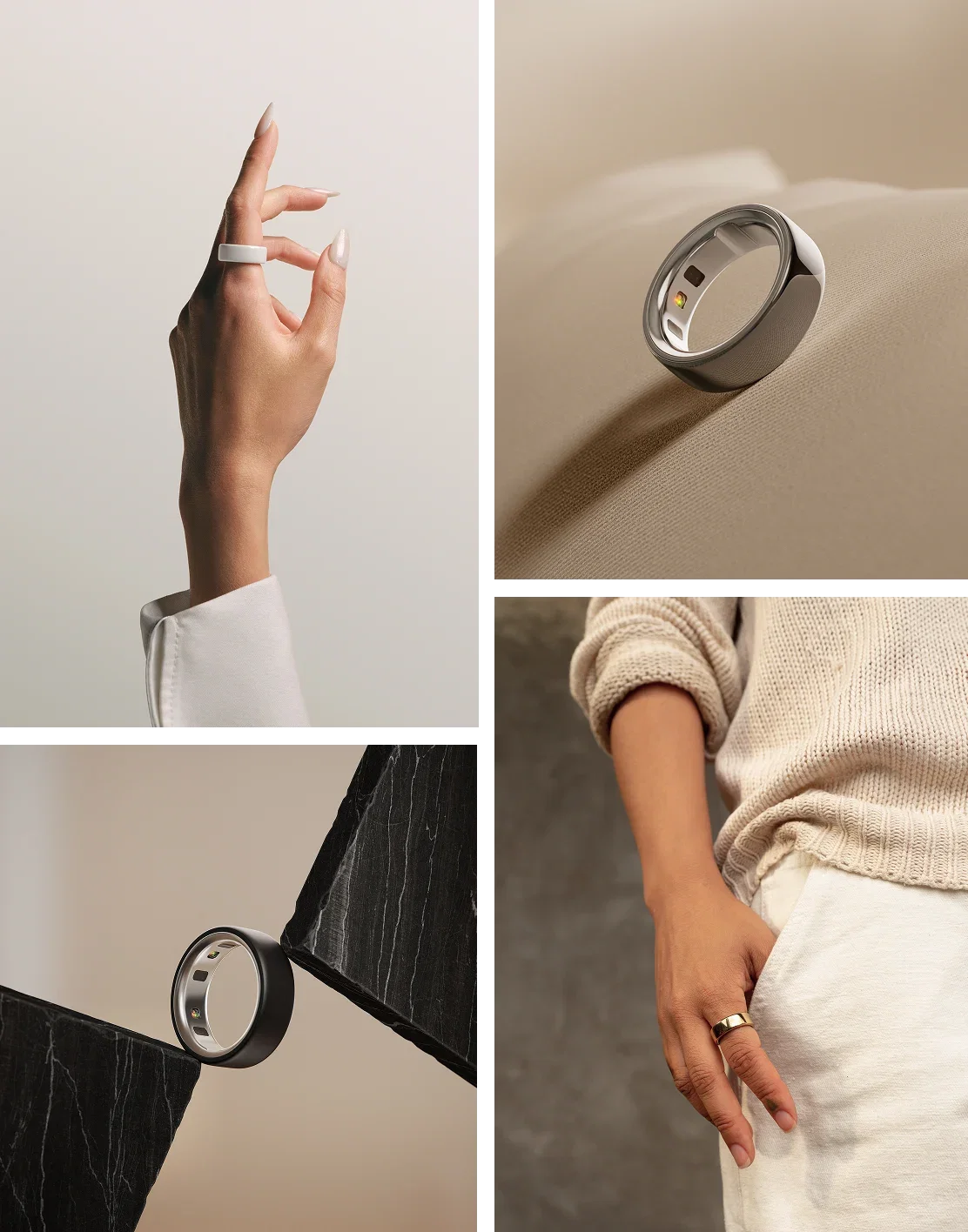Oura Ring 4 shown in four lifestyle photos: worn on a hand with white nails, resting on beige fabric in silver, balanced on black marble in black, and worn on a hand in gold.