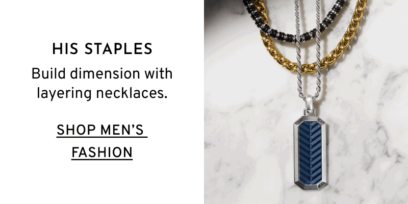 Three layered men’s necklaces. Build dimension with layering necklaces. Click to Shop Men’s Fashion Necklaces
