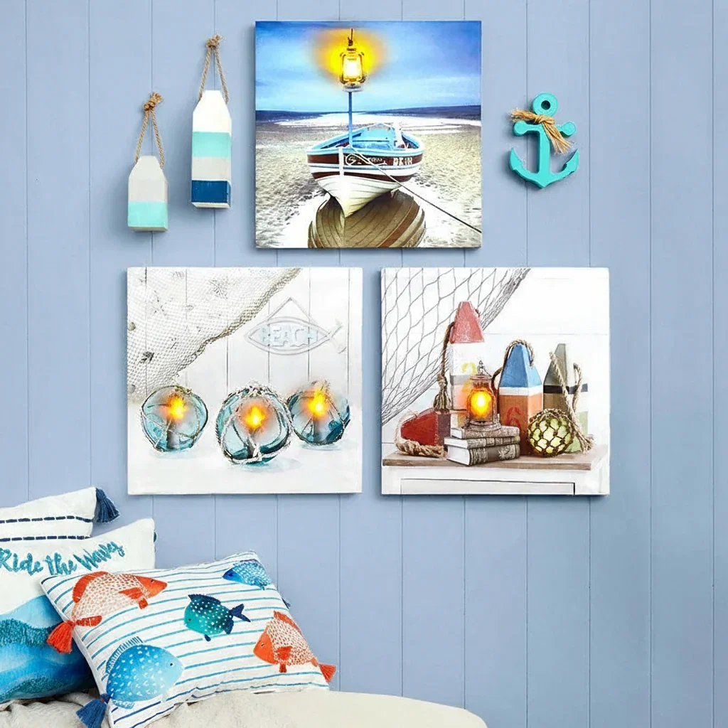 Image of Coastal Lighted Canvas Wall Art - Buoys, Candle, or Coastal