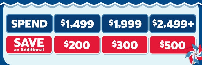 Spend $1,499 save an additional $200. Spend $1,999 save an additional $300. Spend $2,499+ save an additional $500