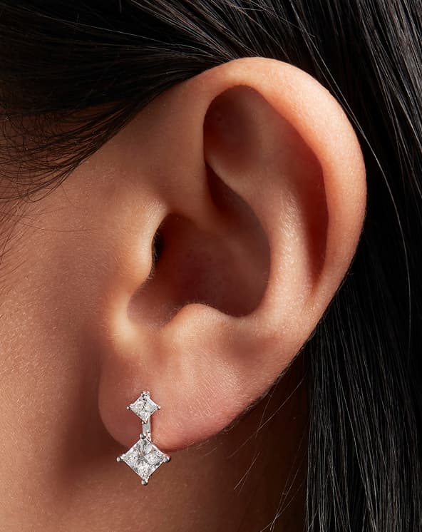 14K Princess Cut Double Diamond Drop Earrings