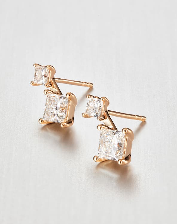 14K Princess Cut Double Diamond Drop Earrings