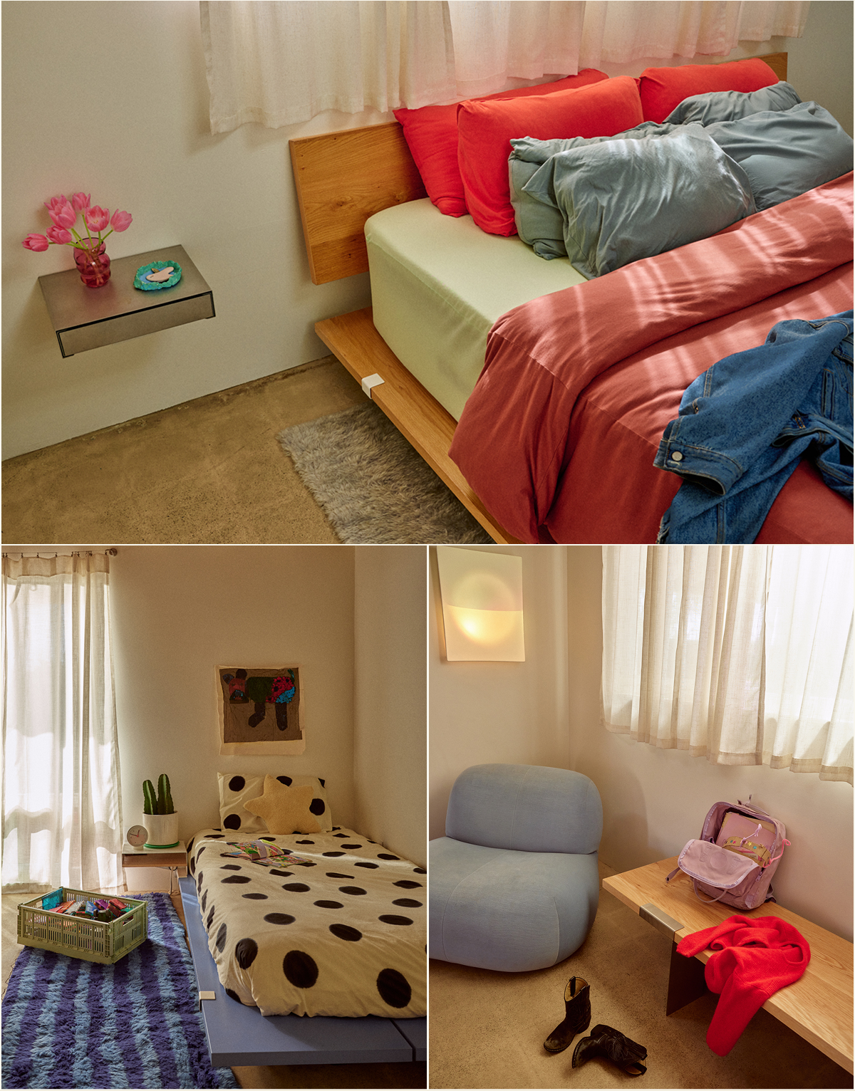 Pictured: The Bed Frame (Original) [top], The Bed Frame in Color [left[, and The Lift Off Bench [right]
