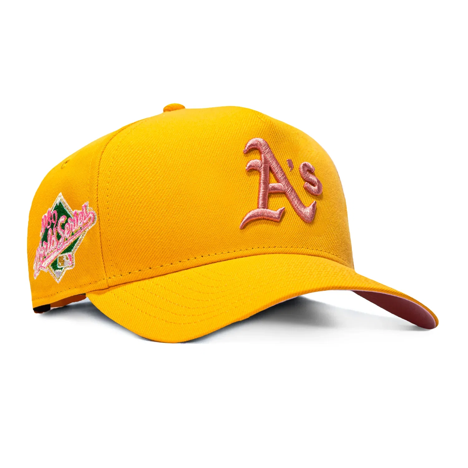 Image of New Era 9Forty A-Frame Pink Lemonade Oakland Athletics Battle of the Bay Patch Pink UV Snapback Hat - Gold