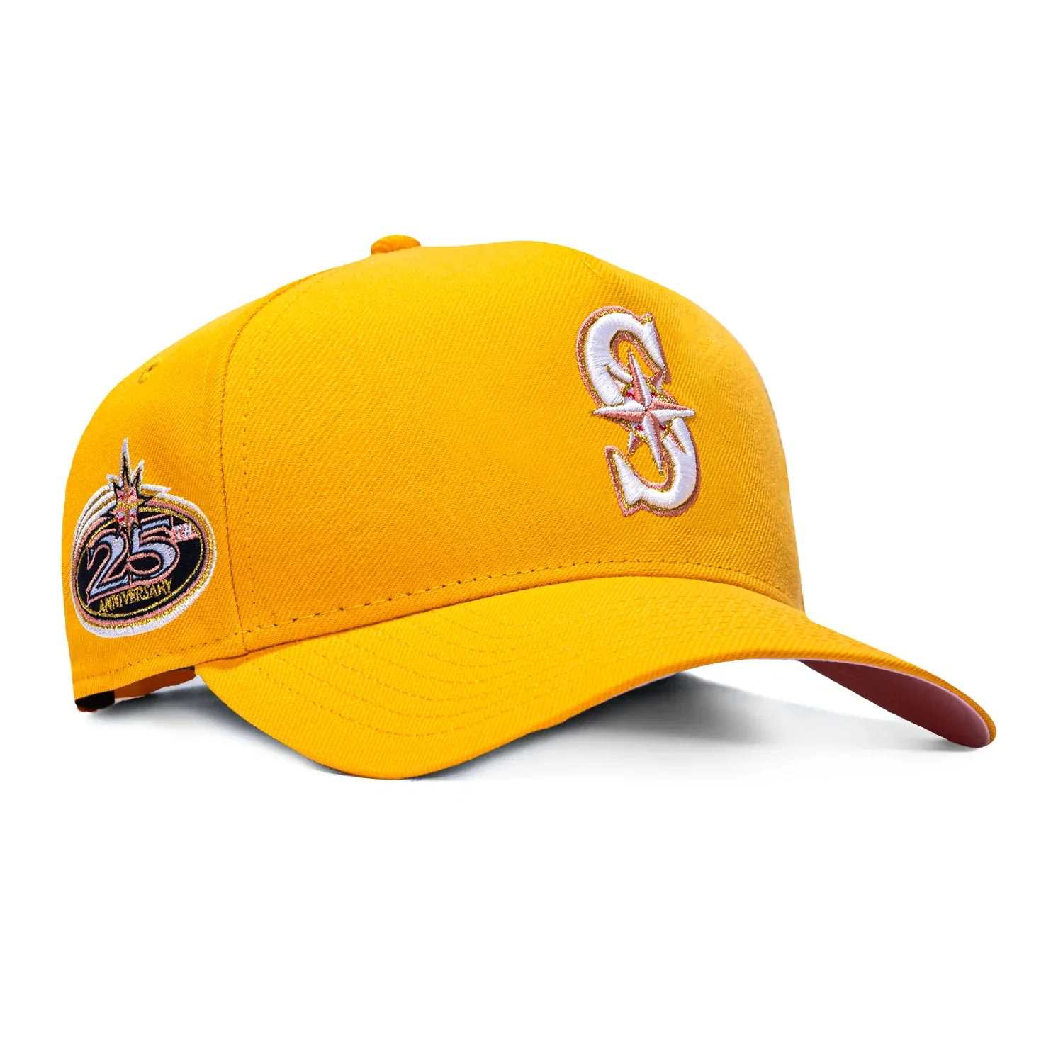 Image of New Era 9Forty A-Frame Pink Lemonade Seattle Mariners 25th Anniversary Patch Pink UV Snapback Hat - Gold