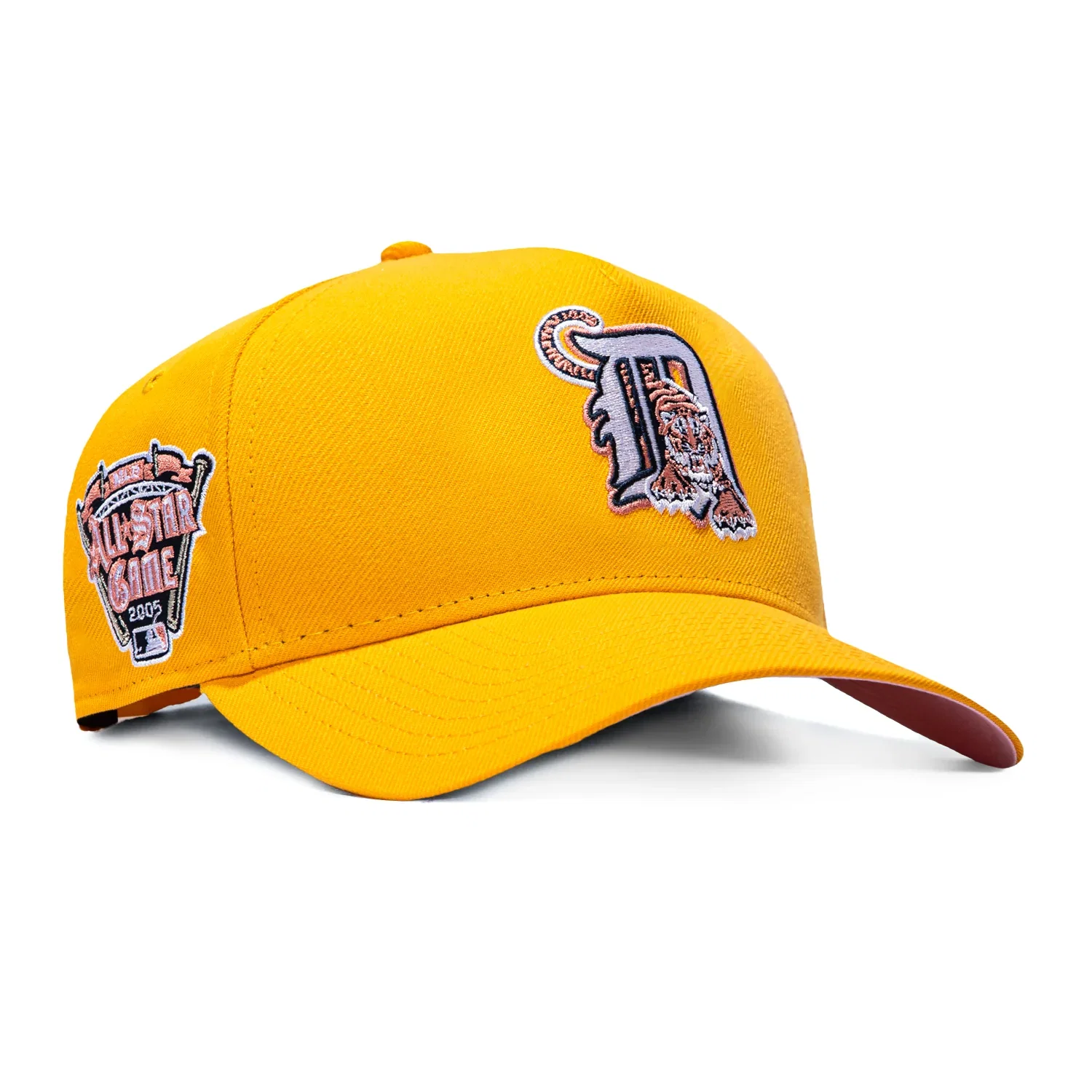 Image of New Era 9Forty A-Frame Pink Lemonade Detroit Tigers 2005 All Star Game Patch Alternate Pink UV Snapback Hat - Gold