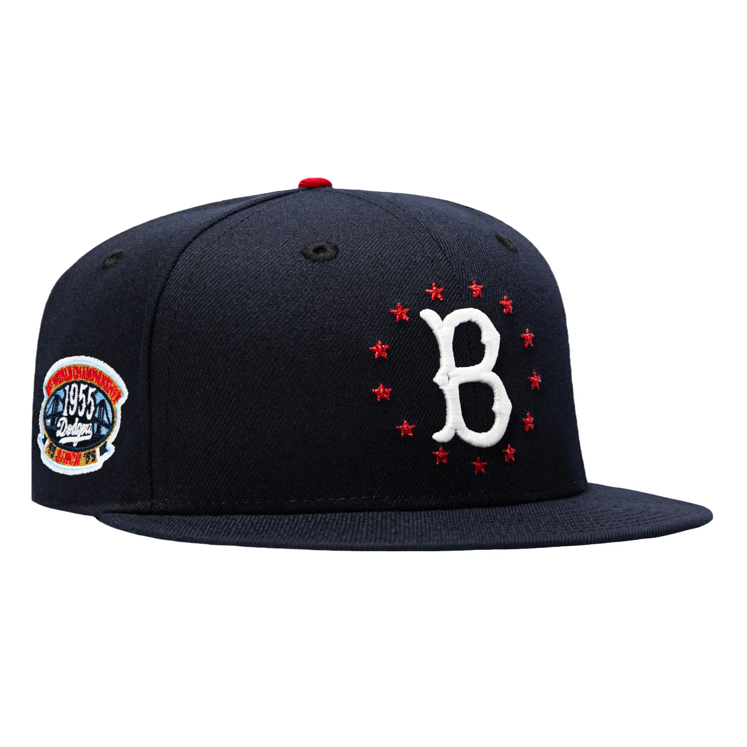 Image of New Era 59Fifty Star Spangled Bangers Brooklyn Dodgers 1955 World Series Patch Red UV Hat - Navy