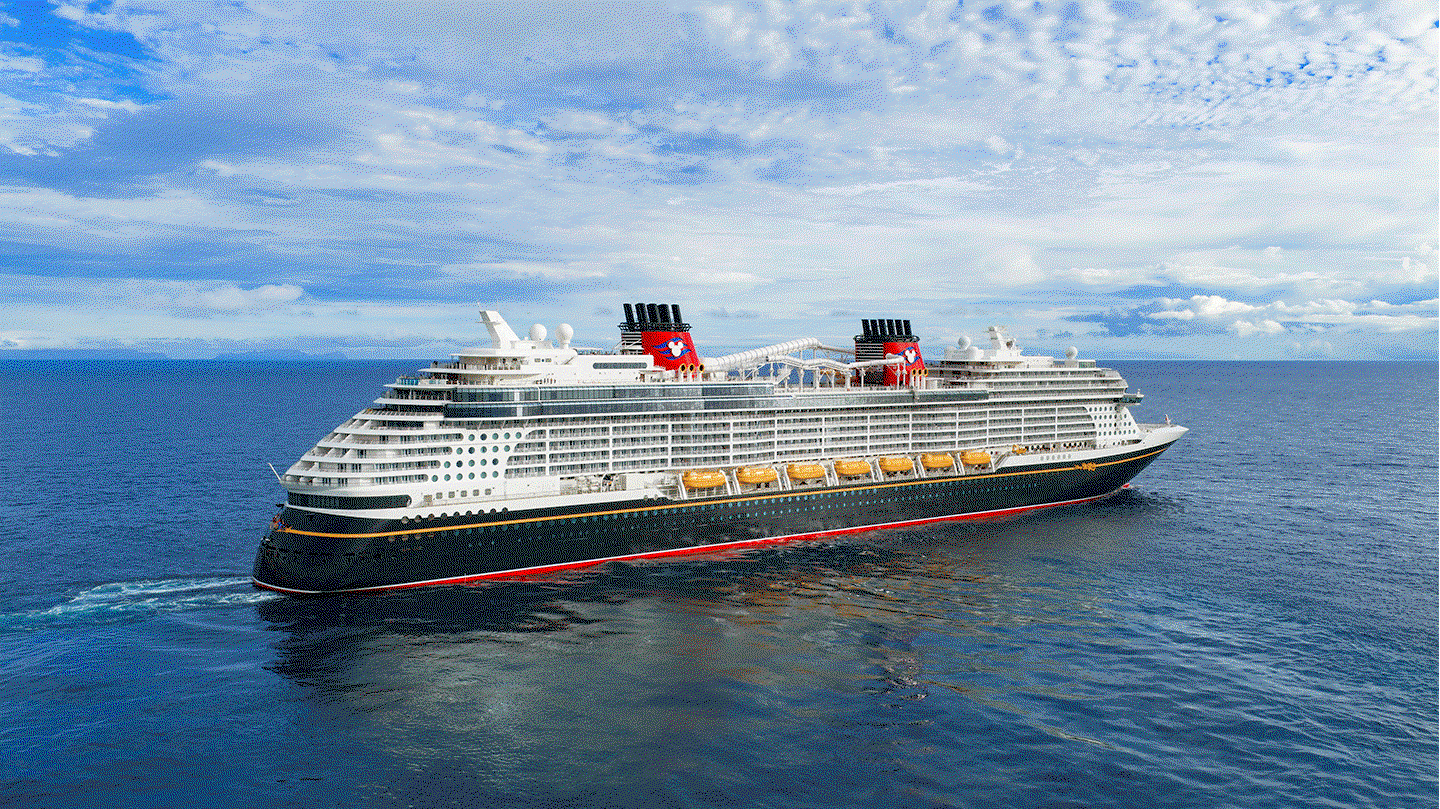 A Disney Cruise Line ship sailing at sea glitches and is replaced by security camera footage of Stitch in a control room. He's licking the lens.