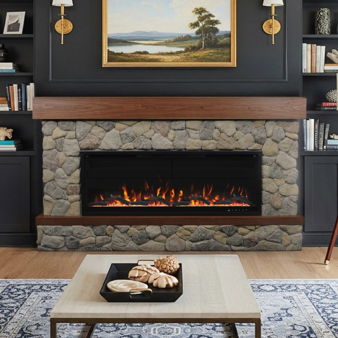 Stone fireplace with wooden mantel, artwork above.