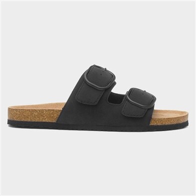 Lilley Womens Black Double Buckle Mule Sandal