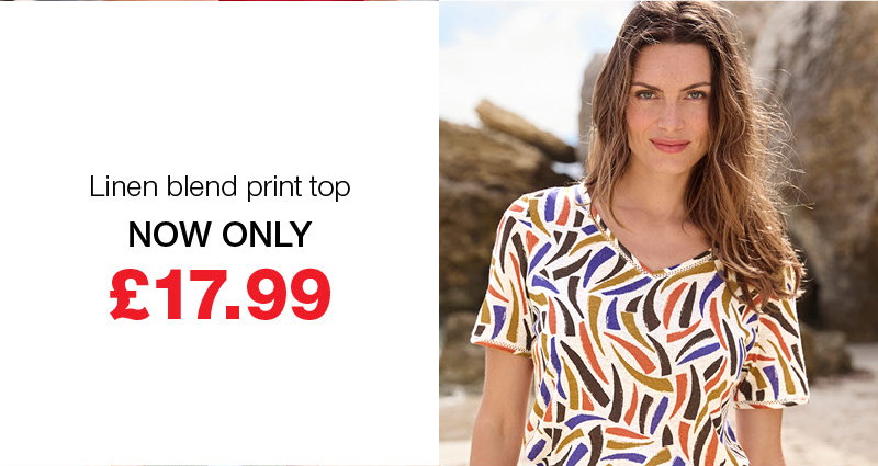 Linen blend print top now only £17.99