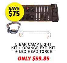 Complete 5 Bar Camp Light Kit + Orange LED Camp Light Extension Kit + Illuminator LED Head Torch