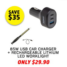 85W USB Car Charger + Rechargeable Lithium LED Worklight