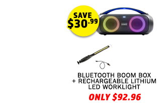 Bluetooth Boom Box + Rechargeable Lithium LED Worklight