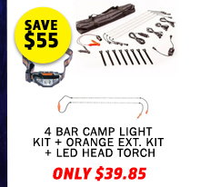 Illuminator 4 Bar Camp Light Kit + Orange LED Camp Light Extension Kit + LED Head Torch