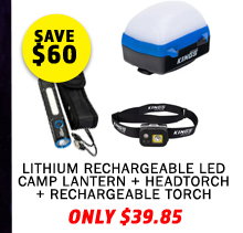 Lithium Rechargeable LED Camp Lantern + Plus Lithium LED Headtorch + Plus Lithium Rechargeable Torch