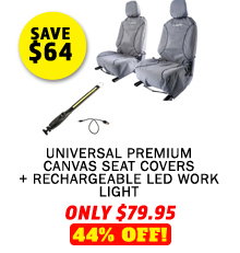 Universal Premium Canvas Seat Covers (Pair) + Rechargeable LED Work Light