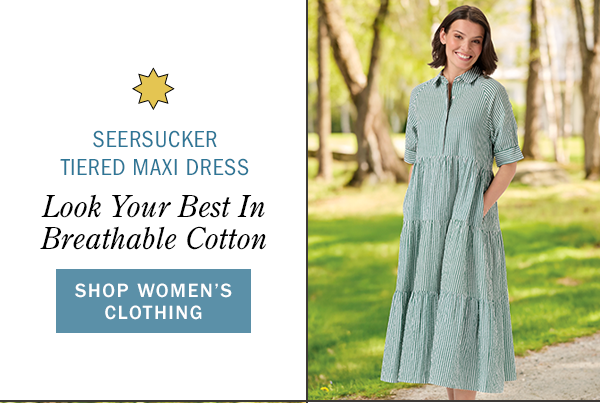 Seersucker Tiered Maxi Dress Look Your Best in Breathable Cotton. Shop Women's Clothing. Seersucker Tiered Maxi Dress