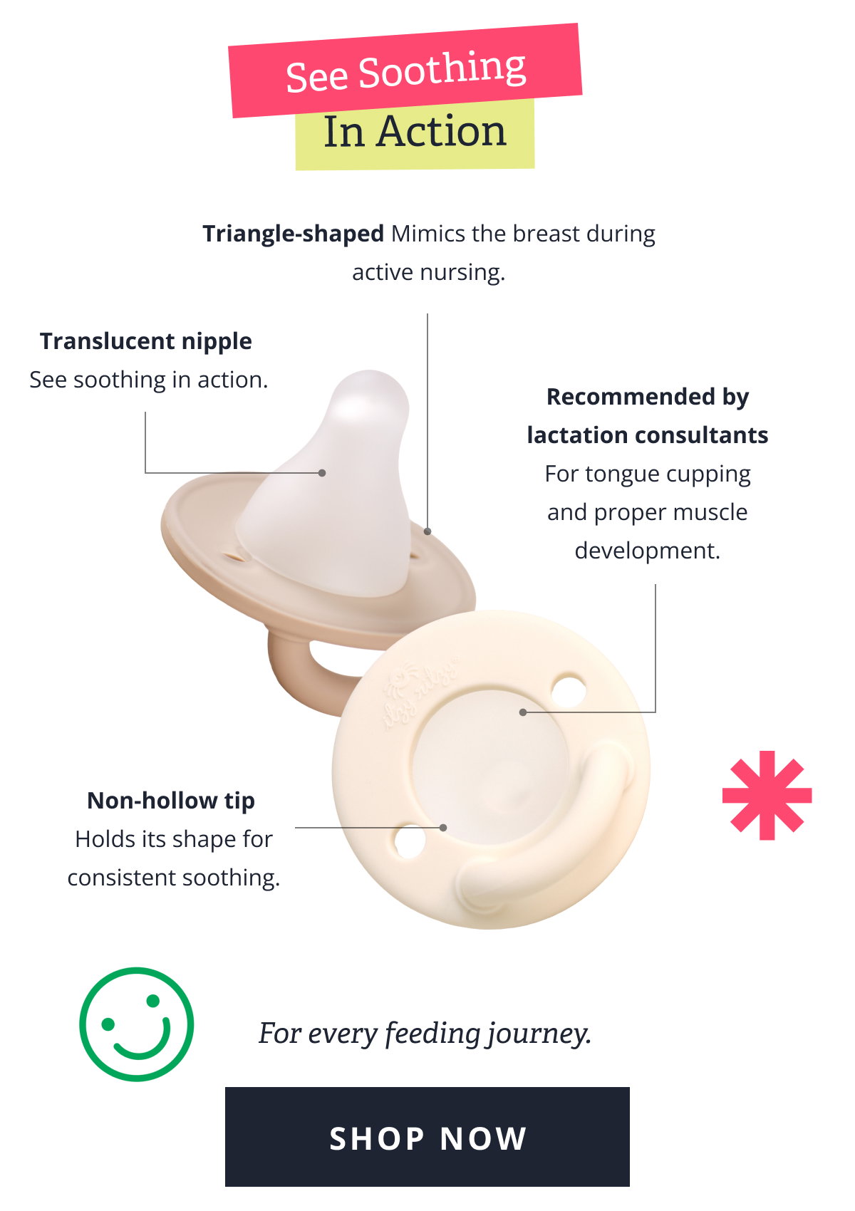 See Soothing In Action | Arrow 1 →  Triangle-shaped Mimics the breast during active nursing.  Arrow 2 →  Recommended by lactation consultants For tongue cupping and proper muscle development.  Arrow 3 →  Translucent nipple See soothing in action. For every feeding journey. [  SHOP NOW ]