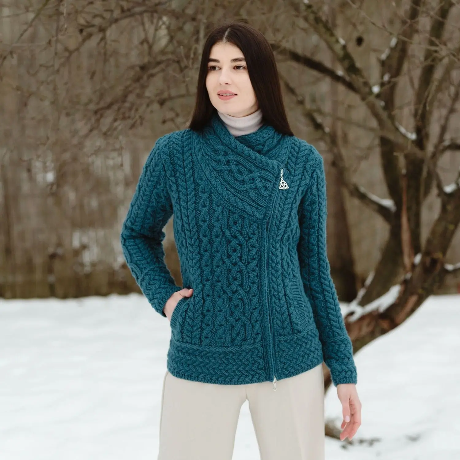 Image of Women's Cable Pattern Side Zip Aran Cardigan