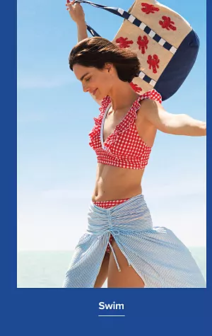 A woman in a red gingham bikini. Swim. 