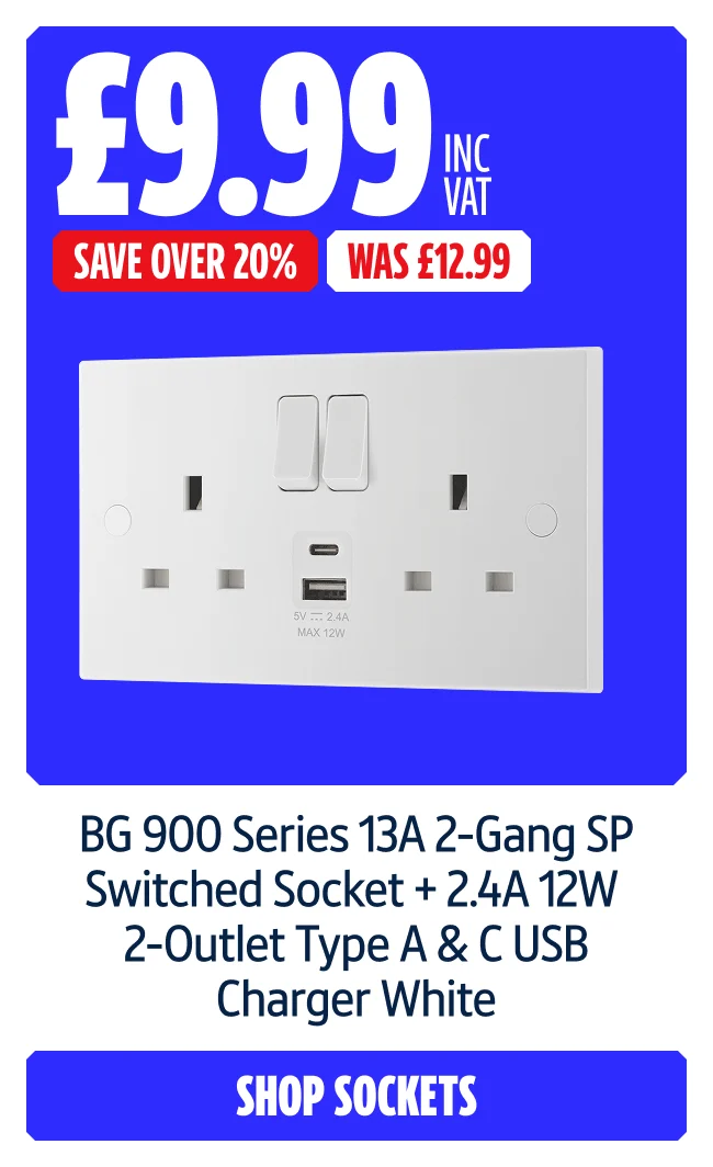 Save Over 20% on BG 900 Series 13A 2-Gang SP Switched Socket + 2.4A 12W 2-Outlet Type A & C USB Charger White.  Now £9.99 inc VAT Was £12.99. Shop Sockets.