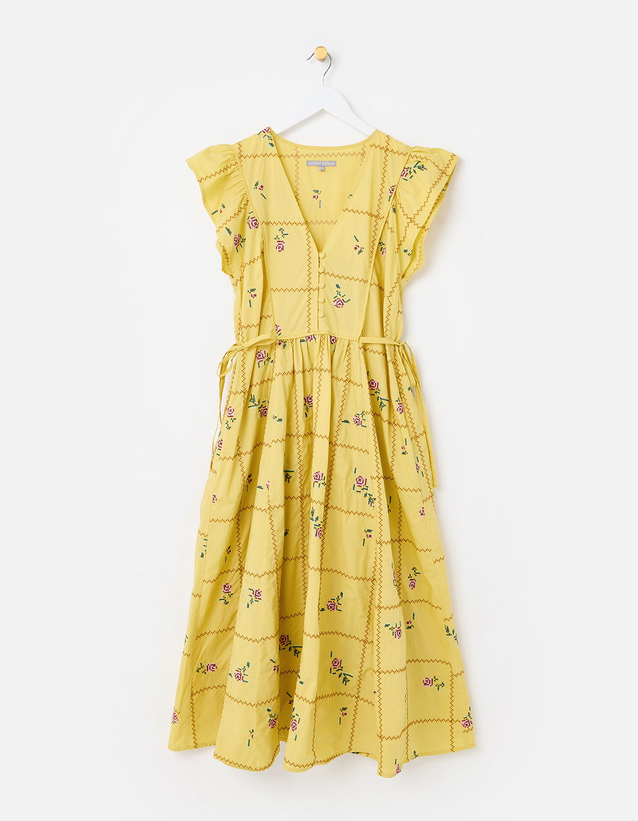 Yellow Floral Cross Stitch Embroidered Midi Dress