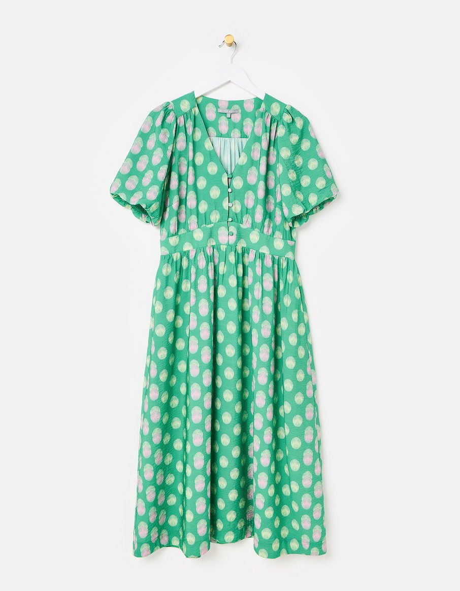 Green & Pink Polka Dot V-Neck Midi Dress