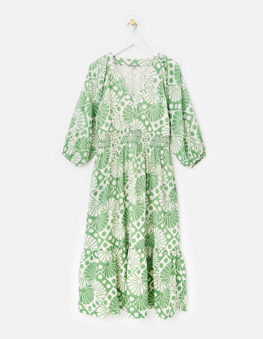 Green & Cream Sun Print V-Neck Tiered Midi Dress