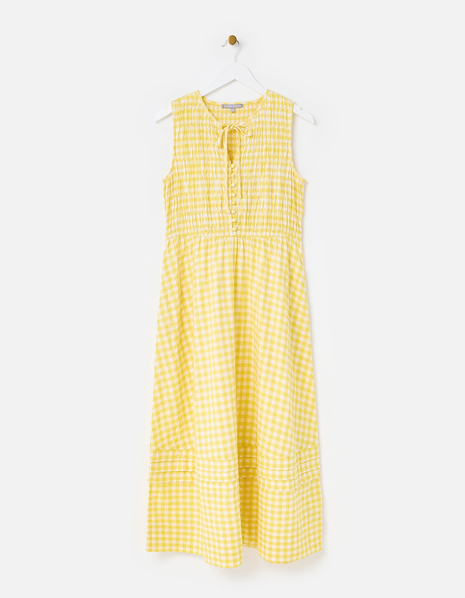 Yellow Gingham Shirred Bodice Sleeveless Cotton Midi Dress