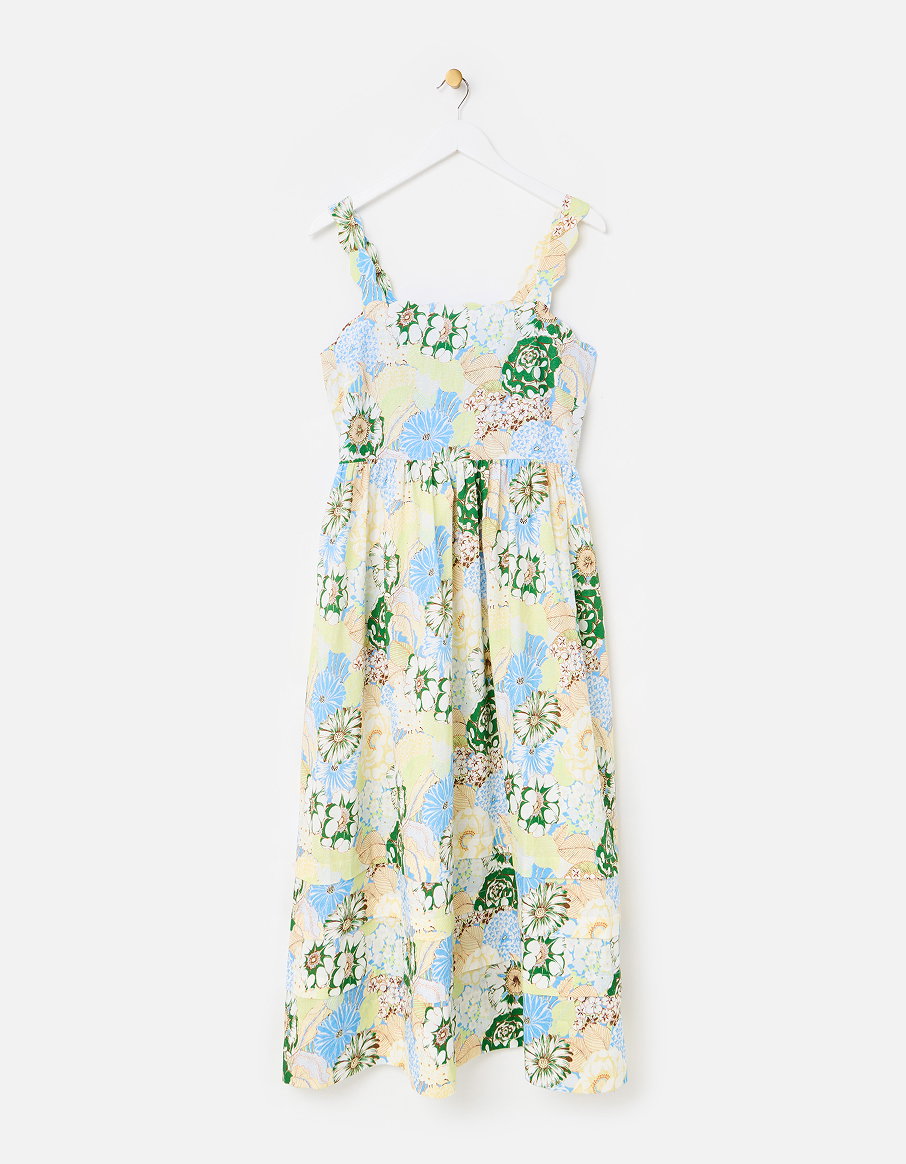 Green & Blue Floral Scalloped Strappy Midi Dress