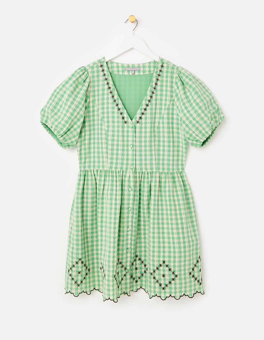 Green & Cream Gingham Embroidered V-Neck Mini Dress
