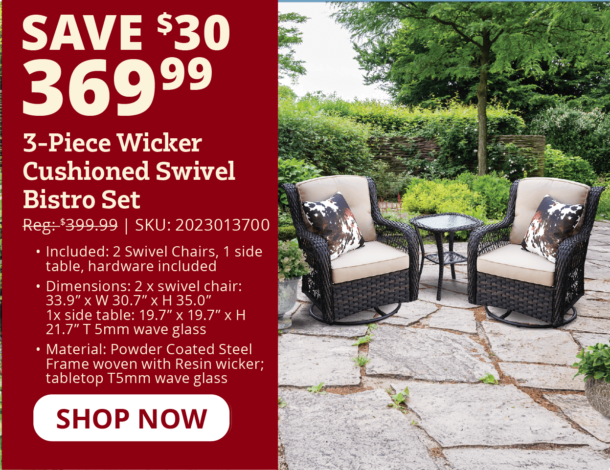 Prestige Patio Co. Wicker Cushioned Swivel Bistro Set, 3 Piece - 19057