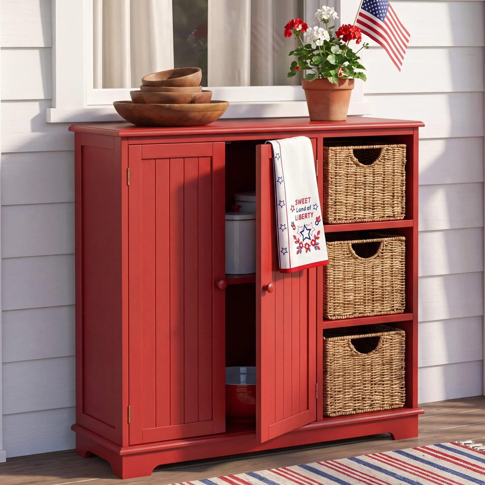 Image of Beadboard Wooden Cabinet with 3 Storage Shelves and Cupboard