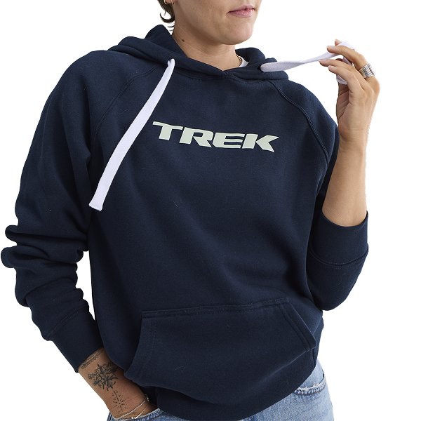 Studio shot of model wearing Trek-branded hoodie