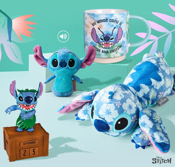 Stitch plush, mug and calendar with a tropical background.