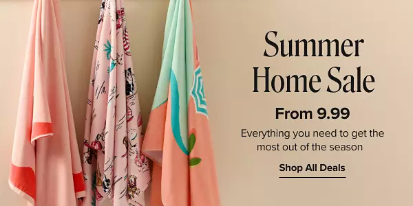 Summer home sale. From 9.99 everything you need to get the most out of the season. Shop all deals. Three beach towels hanging up outside.