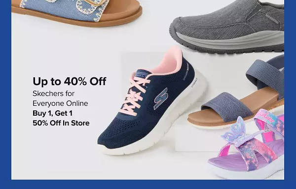 25% off Skechers for everyone. Shop now. Four different pairs of shoes and sandals.