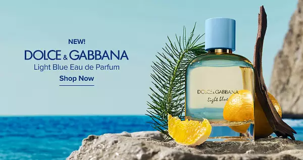 New! Dolce and Gabbana. Light blue eau de parfum. Shop now. A bottle on the cliffside with citrus, pine needles and wood next to it.