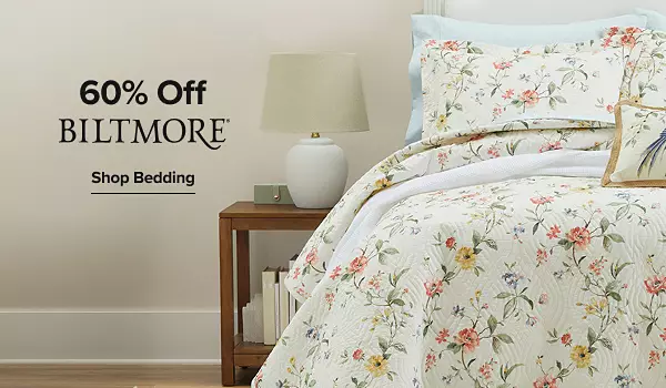 Image of a floral bedding set. 60% off. Biltmore® logo. Shop bedding.