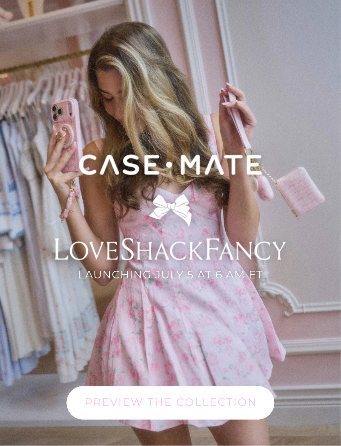 A girl with her Case-Mate x LoveShackFancy Collection accessories, dancing. 