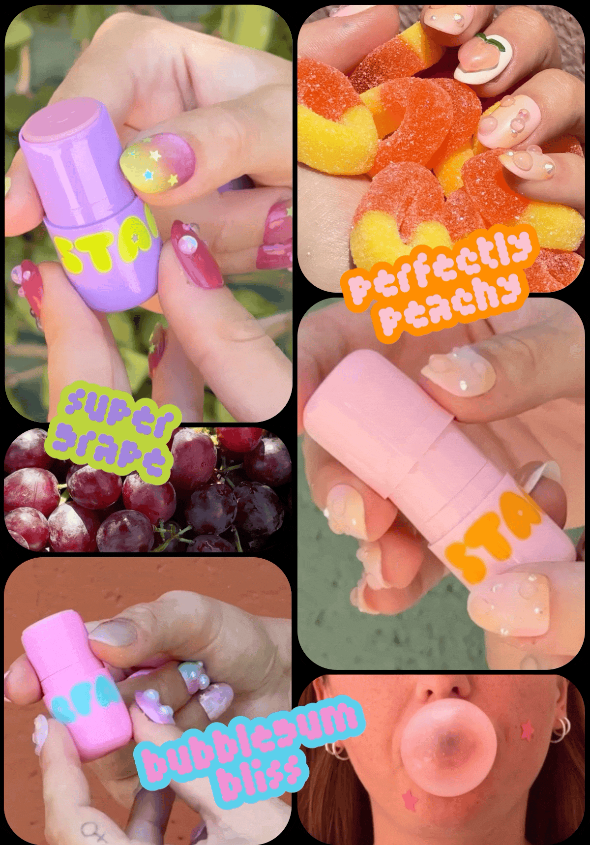 super grape, perfectly peachy, bubblegum bliss